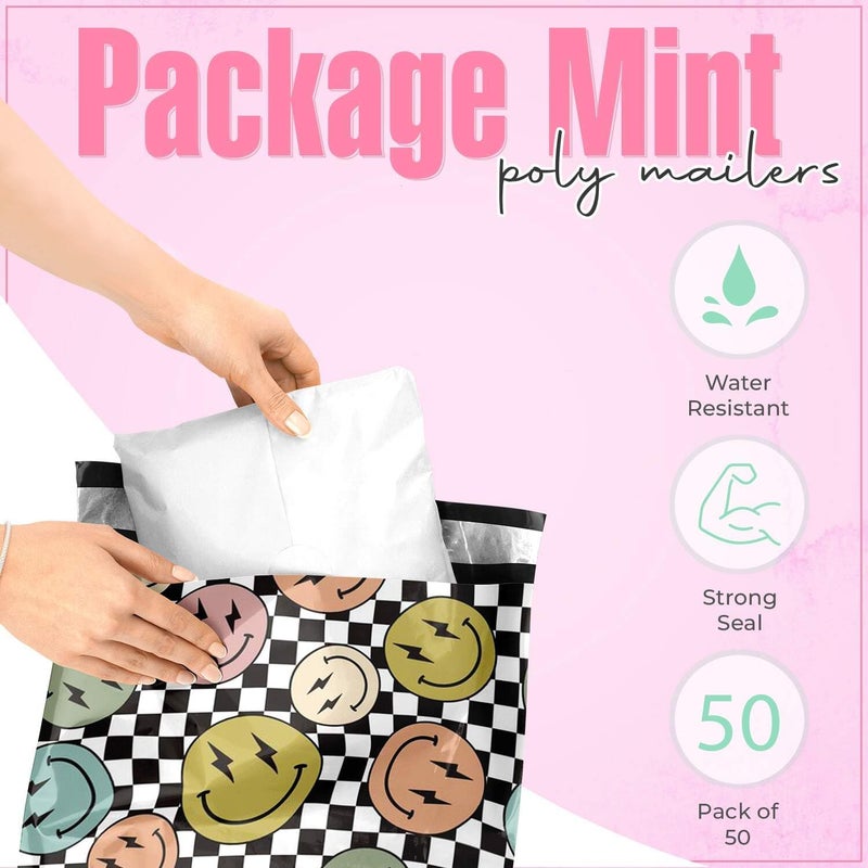 Package Mint 10x13 Poly Mailers – Smiles Checkerboard – Waterproof, Tear-Resistant Shipping Bags with Adhesive Seal – 50 Pack – - Image 2